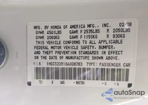 2008 Honda Accord 3.5 Ex-L из США, поврежденный, VIN 1HGCS22818A008783